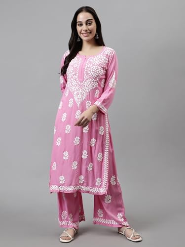 Image of Seva Chikan Hand Embroidered Lucknowi Chikankari Rayon Kurta and Palazzo Set SCL8037