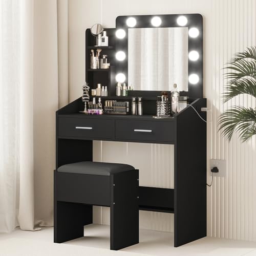 GarveeHome Vanity Desk with Mirror and Lights, Makeup Vanity with Power Outlet & Cushioned Stool, 3 Lighting Modes Adjustable Brightness, Dressing Table with Hairdryer Holder for Bedroom, Black