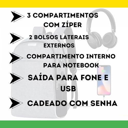 Mochila Notebook Unissex Grande Executiva Reforçada Cabo USB Anti Furto Resistente A Água (Preto)