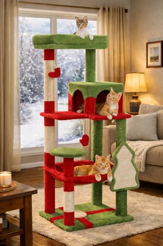 Image of MUTTROS Cat Christmas Tree for Indoor Cats - 56.3 inch Cat Proof Christmas Tree Tower with Large Hammock, 3 Scratching Posts & 3 Christmas Toy Balls - Holiday Cat Tree with Festive Decor, Christmas Red