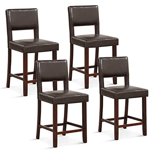 Image of COSTWAY Bar Stools Set of 4, PVC Leather 24.5 Inch Counter Height Chairs with Hollowed Backs, Rubber Wood Legs, Upholstered Barstools for Kitchen Island Home Bar Pub Dining Room, Brown