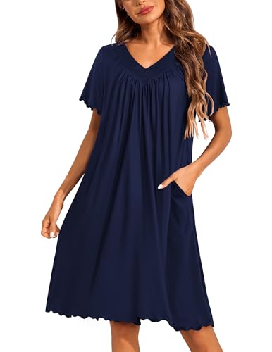Image of Ekouaer Nightgowns for Women Short Sleeve House Dress with Pockets Pleated Soft Moomoo V Neck Sleepwear