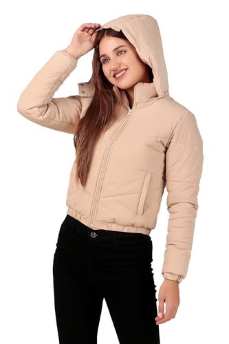 Image of Brazo Crop Puffer Jacket for Women, Cropped Design, Insulated, Hooded, Long Sleeves