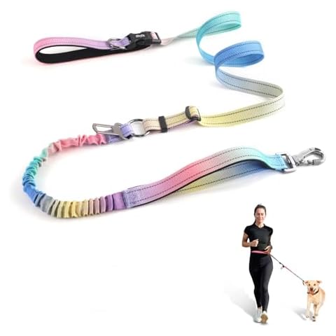 Hands Free Dog Leash, Adjustable Heavy Duty Bungee Waist Leash Belt for Medium Large Dogs Walking Running Hiking with Reflective(Multi-Colored) Cover