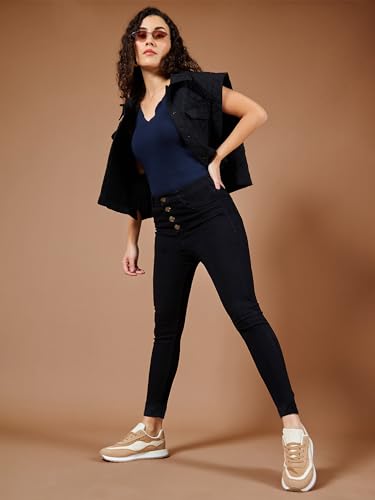 Image of Miss Chase Women's Skinny High Rise Cropped Fringed Hemline Detailing Stretchable Denim Jeans