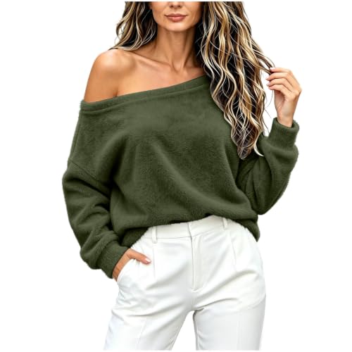 Off the Shoulder Tops for Women Double Fuzzy Sweatshirt Fleece Pullover - image 5