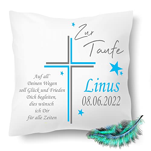 Taufkissen, Personalisierbares Kissen bedrucktes zur Taufe für Jungen und Mädchen, mit Namen, Datum, eigenem Taufspruch, Geschenk,| Dekokissen,| Kuschelkissen 40X40 (ohne Kissenfüllung, Blau) Cover