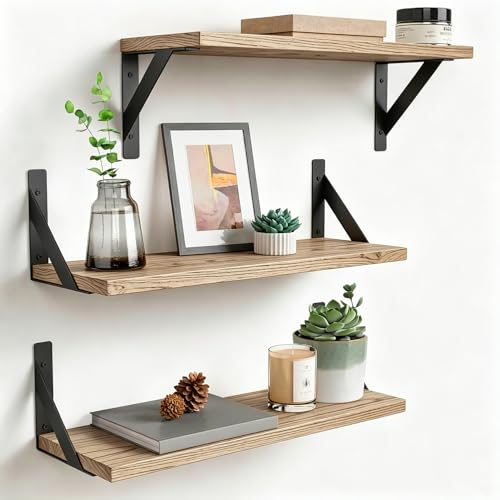 Yalixuan Floating Shelf Wooden Shelves 3 Pack Floating Shelves Wood Rustic Shelves for Wall Small Shelf Oak Shelves for Bedroom Kitchen Nursery Bathroom Living Room Home Office Laundry room
