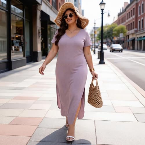 Image of Matchstick Women's Flowy Maxi Dress V-Neck Relaxed Loose Fit Short Sleeve Casual Sundress with Pockets Side Split Beach Dress