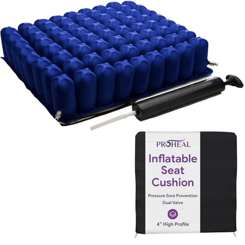 Inflatable Wheelchair Seat Air Cushion - 20" x 18" - High Profile - Pressure Sore and Ulcer Treatment - Dual Valve for Pressure Redistribution - Includes Pump, Nylon Cover, and Repair Kit