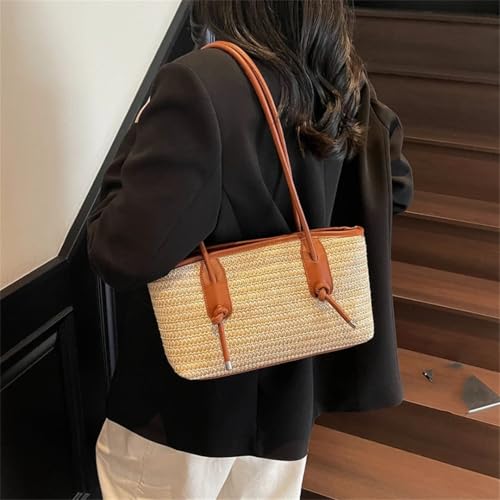 Women's Big Woven Straw Shoulder Bag French Style Raffia Tote Beach Travel Handbag With Zipper Closure4