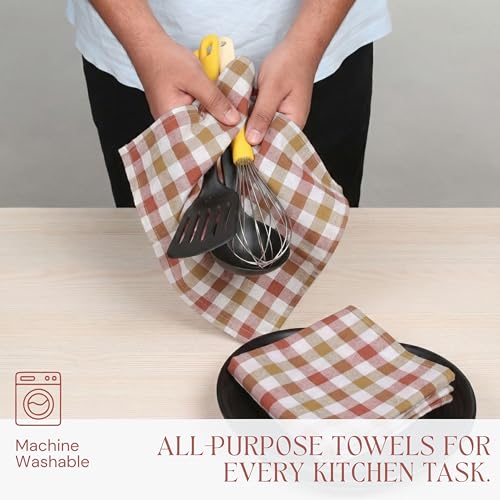 Image of Multi Checkered Dish Towels 4 Pack, 18x26 Inches, 100% Cotton Kitchen Cloths, Quick Drying Wash Rags, Reusable & Absorbent, Washable Towels for Cleaning, Cooking - Rust, Tan, Natural