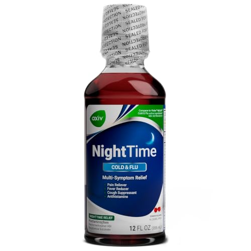 AXIV Nighttime Cold and Flu Relief Liquid Medicine Multi-Symptom Relief Pain Reliever Fever Reducer Cough Suppressant Cherry Flavor 12 fl. oz.