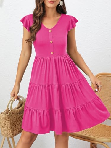 Image of Lamilus Summer Dresses for Women 2026 Ruffle Sleeve V Neck Non-See Through Tiered Babydoll Mini Dress Graduation Beach