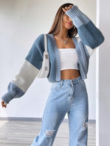 GORGLITTER Women's Open Front Cropped Cardigan Sweaters Colorful Long Sleeve Chunky Knit Top Color Block Short Cardigan4