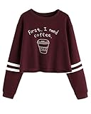 Mujer Otoño Camisetas De Manga Larga Dos Impreso Blanco Rayas Sudaderas Moda Crop Top Vino Rojo ES 36