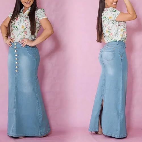 Front Button Washed Denim A-Line Skirts High Waisted Long Jean Skirt for Women Midi Length2