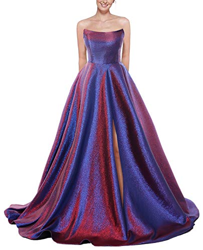 P PROMSTAR Strapless Prom Dresses Glitter with Slit Long Ball Gowns for Women Formal A Line Evening Dress Royal-Red Size 4