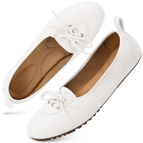 Image of Ecetana Flats for Women Dressy Shoes Round Toe Comfortable Faux Suede Slip On Foldable Ballet Flats for Casual Work