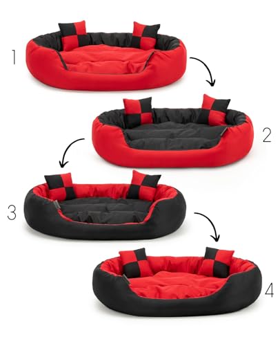 lionto Hundebett 4-in-1 mit Wendekissen aus robustem Oxford, 65x50 cm, Heimtierkissen Kratzfest mit tiefem Einstieg für Katzen und Hunde Aller Größen, inkl. Zierkissen, wasserabweisend, rot/schwarz