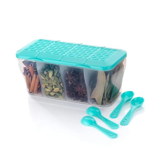 Image of Multipurpose 4 in 1 Masala Box for Kitchen | Airtight Transparent 4 Compartment Spice & Dry Fruits Storage Container with 4 Spoons, 1800ml (Multicolor)