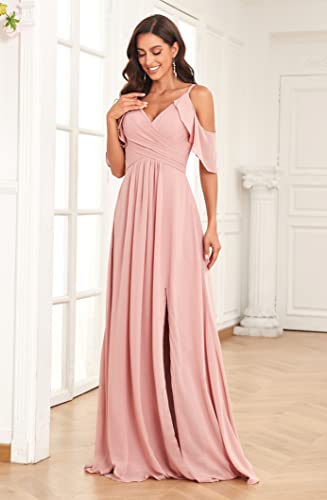 Cold Shoulder Bridesmaid Dress Long for Women with Slit Spaghetti Straps Chiffon Formal Party Dresses4