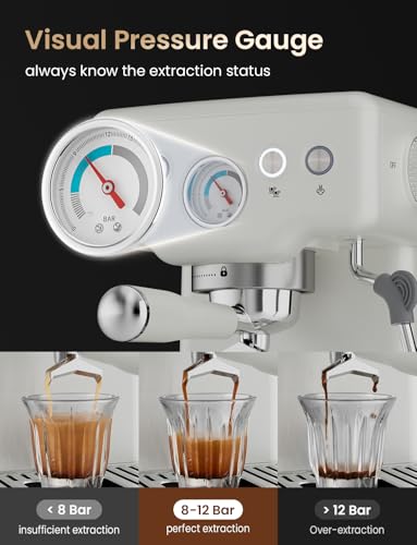 Image of Neretva Espresso Machine, 15 Bar Espresso Coffee Machine with Visible Pressure Guage Professional Espresso Maker with Milk Frother & Stainless Steel for Home Barista Latte and Cappuccino Maker - White