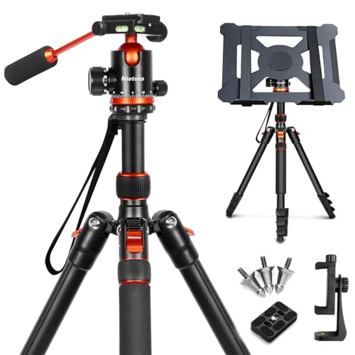 Tripod for Camera with Handle, 2 in1 Camera Tripods & Monopods with Removable Tray, Heavy Duty Tripod for DSLR Camera Projector and Sheet Music, Extra Metal Spikes and Carry Bag.