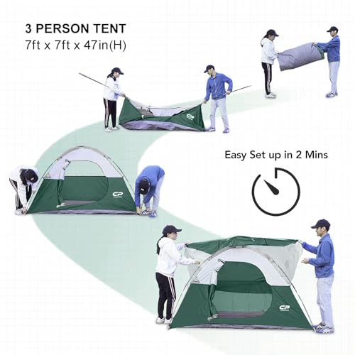 Image of CAMPROS CP 3 Person Tent, Dome Tents for Camping with Rainfly, Waterproof Camping Tent Easy Set Up, Portable Family Tent with Large Mesh Window & Carry Bag for Outdoor Hiking