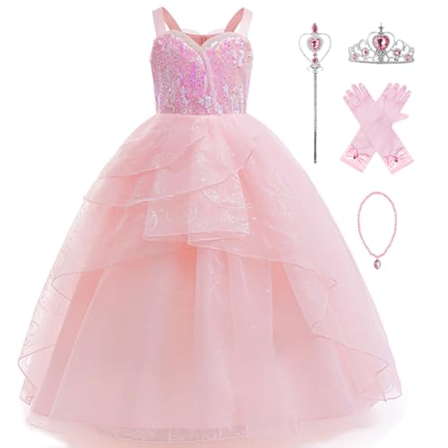 Girl Sequins Tulle Dress Princess Party Prom Ball Gown Pink Witch Dresses with Crown and Wand