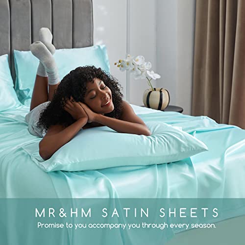 Image of MR&HM Satin Bed Sheets, Queen Size Sheets Set, 4 Pcs Silky Bedding Set with 15 Inches Deep Pocket for Mattress (Queen, Turquoise)