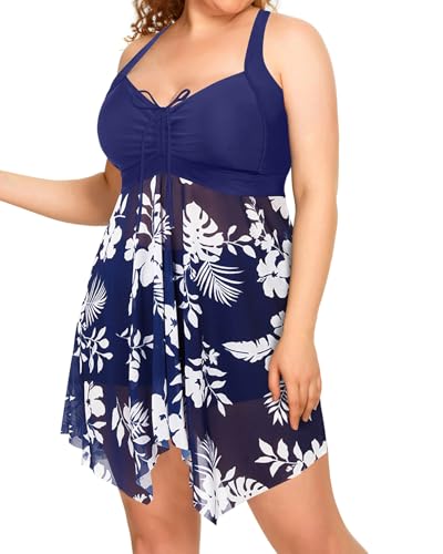 Image of Daci Plus Size Two Piece Swim Dress with Shorts for Women Mesh Swimsuits Flowy Bathing Suits