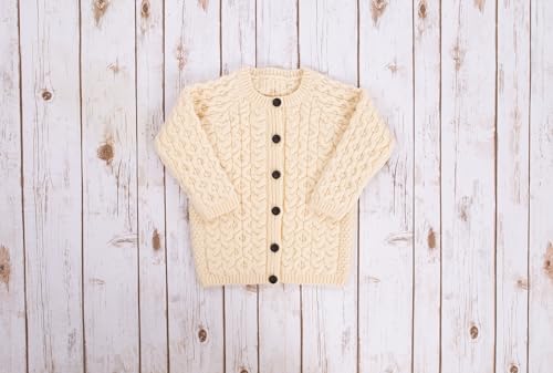 Image of SAOL Aran Cardigan for Kids: 100% Merino Wool, Crew Neck, and Button Front - Made in Ireland