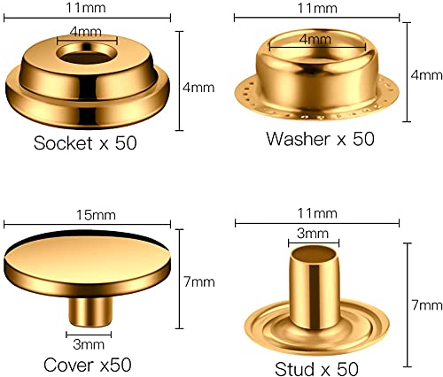 200 Pieces (50 Sets) Leather Snap And Fastener Kit Tool 5/8 Inches (15Mm) Snaps For Leather Fasteners Kit For Leather Stainless Snaps Button For Bag, Jeans, Clothes, Fabric (Gold) #TOP1