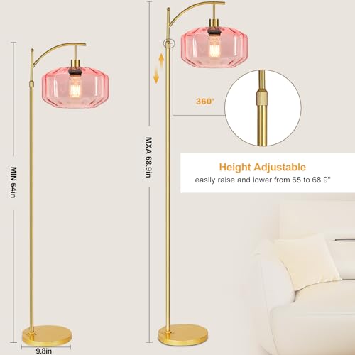 Image of Gold Floor Lamps for Living Room Bedroom,Glass Floor Lamp with Remote Control & Pink Lampshade,Arc Dimmable Floor Lamp Mid Century Modern Standing Lamp Vintage Tall Floor Lamps for Bedroom Corner