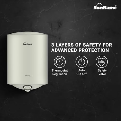 Image of Sunflame Rolig 3kW Geyser 10 Litre Water Heater for Home | 33% Faster Heating | BEE 5 Star Rating | Vitreous Enamel Tank Coating | Free PAN India Installation & Flexi Pipes | White