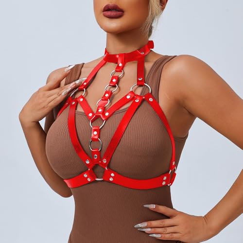 Image of Punk Black & Burgundy Red Leather Chest Harness, Adjustable Strap Body Belt, Goth Lingerie, Club Caged Bra, Rave Accessories