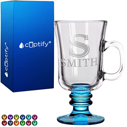 Personalized Glass Mug Initial and Name 8.5 oz Light Blue Bottom Etched Irish Coffee Mug with Custom Text Birthday Gift for Men and Women