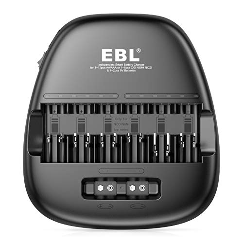 EBL Smart Universal Battery Charger, 14 Bay Battery Charger for AA AAA C D 9V NiMH NiCD Rechargeable Batteries and 2 USB Port for Charging Phone and Tablets