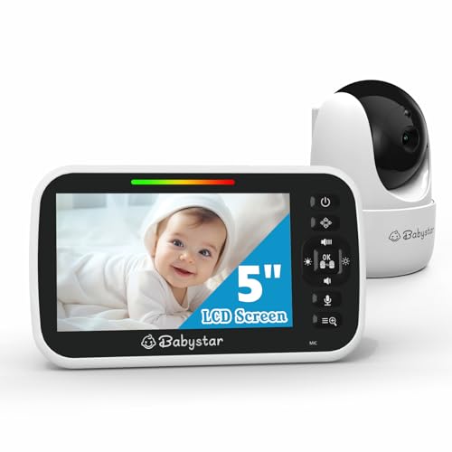 Babystar Baby Monitor with Camera and Night Vision, 5 LCD Screen, Remote Pan/Tilt/Zoom, Infrared Night Vision, Two-way Audio, Up to 300m Range,Temperature Monitoring, Lullabies