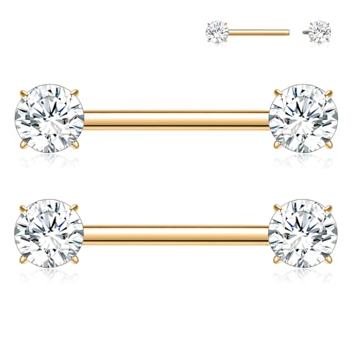 FUNLMO Nipple Piercing Jewelry Titanium Nipple Rings Nipple Barbells Internally Threaded Cube Zircon Bridge Piercing Jewelry 14G 16mm Gold