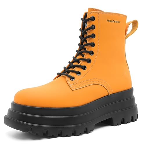 Men's Leather Platform Combat Boots Retro Round Top Lace-Up Comfort Chunky Heel Lug Sole Non-Slip High Top Casual Biker Ankle Booties - Main Image