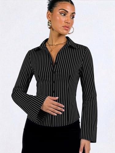 Image of Aahwan Striped Button Down Flared Bell Long Sleeve Casual Shirt for Women's & Girl's