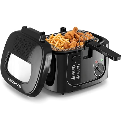 KEINVE Electric Deep Fryer with Basket, 2.5L Oil Fryer with Non-Stick Inner, Viewing Window, 1600Watt Fast Heating, Black