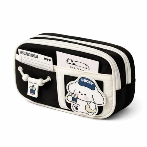 Image of Lucky Dog Pencil Pouch, 4 Compartment Storage Case | Cute Lucky Dog pencil pouch with double zipper design and spacious multi-compartment storage.