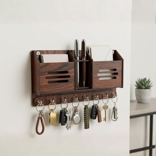 Wooden Multipurpose Keyholder with Shelves, Phone Holder & Pen Ho...