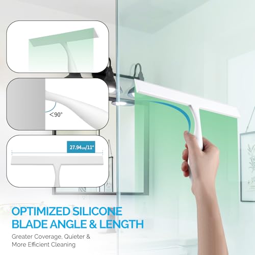 Image of FY&XZH Never Rust Silicone Shower Squeegee for Glass Doors with Hook, Bathroom Cleaner Tool, Household Window and Mirror Squeegee, Ergonomic Thick Handle Squeegee for Shower Glass, 11-Inch (White)