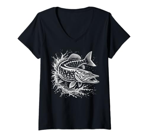 Femme Le brochet saute hors de l'eau - Design poisson pour les pêcheurs T-Shirt avec Col en V