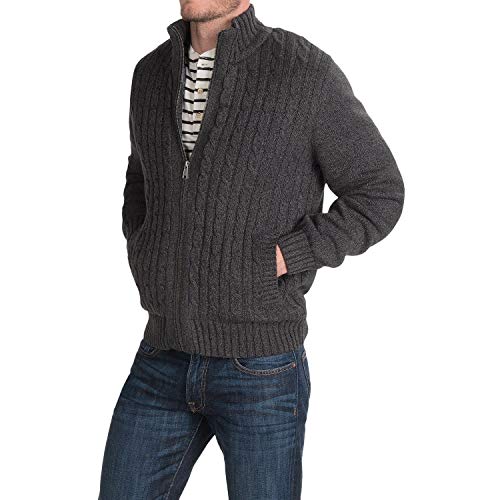 Boston Traders Mens Full Zip, Sherpa Lined Cable Knit Sweater (Medium, Charcoal)