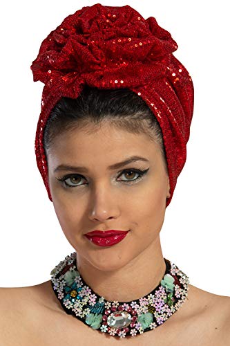 Aisha's Design Instant Turban Head Wraps For Women, Pretied Hijab Glitter Scarves, Rose Detail Rose Detail, Glossy Red, Red, One size